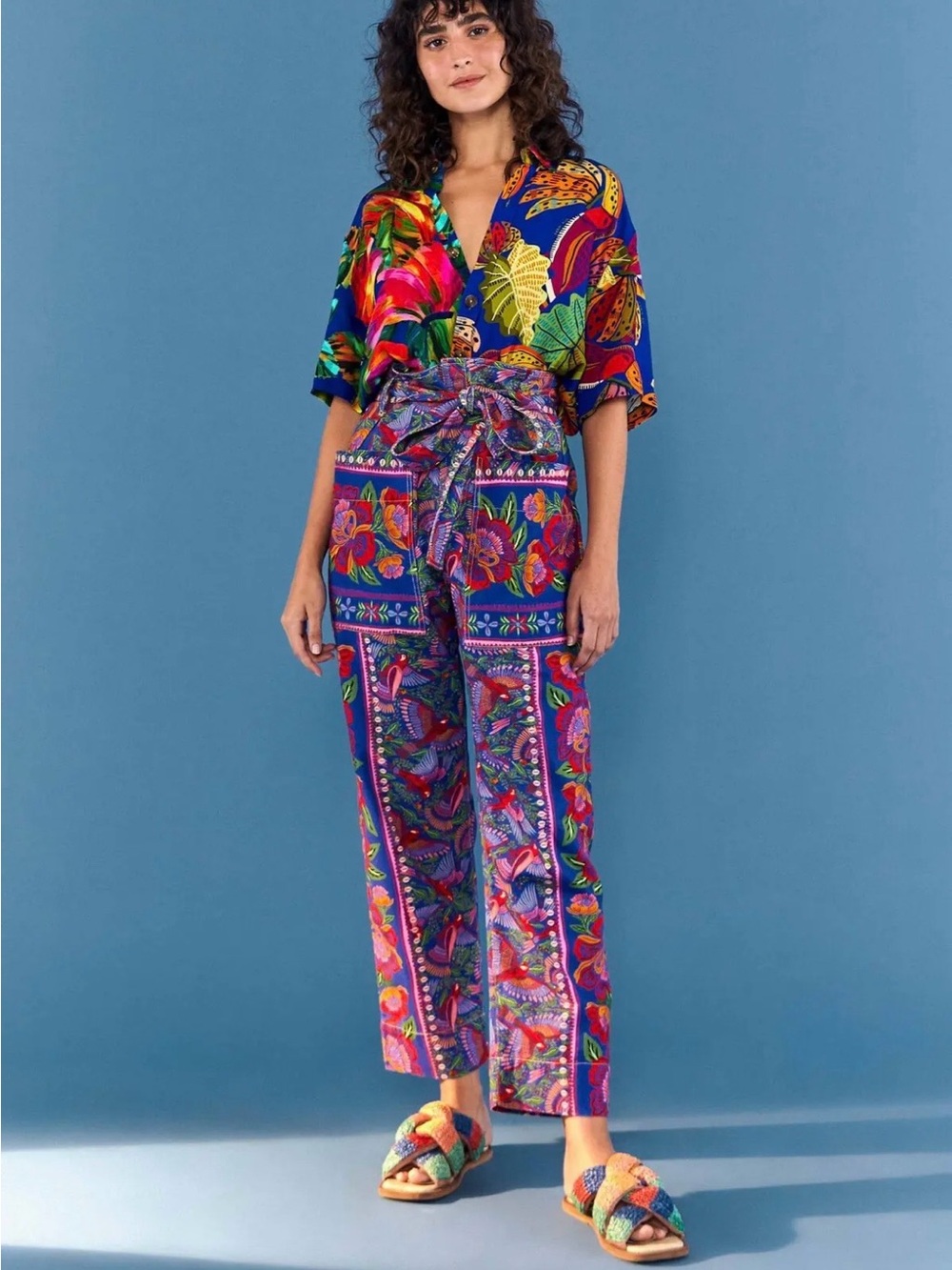 FARM Rio Macaw Print High Waist Belted Pants 100% Cotton Tropical Size Medium
